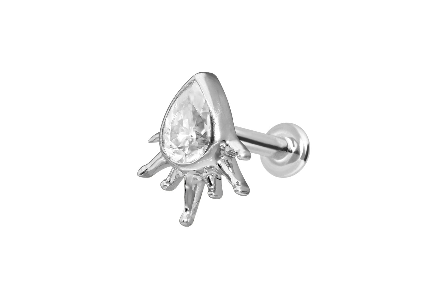 14 Karat Gold Labret Piercing mit Innengewinde MOISSANIT-TROPFEN + SONNENSTRAHLEN